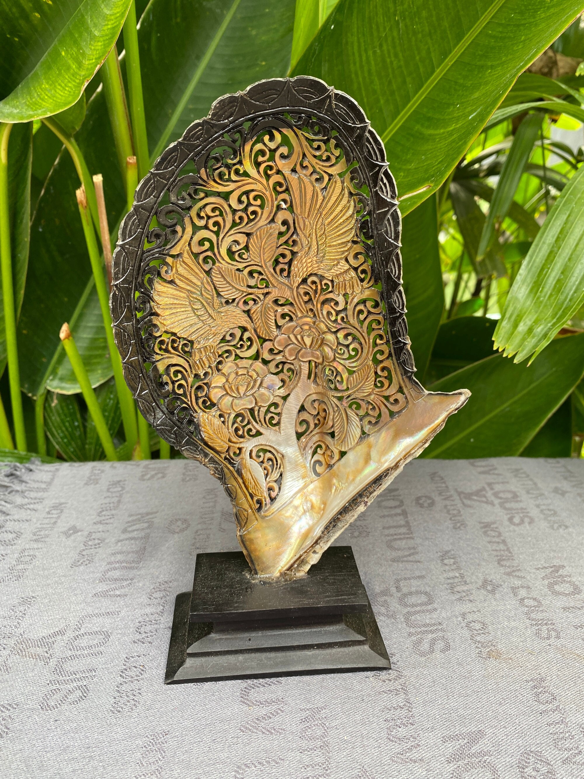 Carved Mother of Pearl Phoenix Sculpture: Seashell Art With Stand