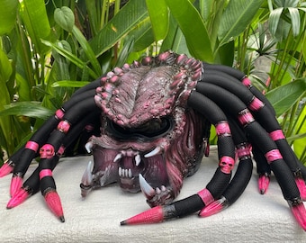Pink Predator Motorcycle Helmet: Custom Alien Airbrush Skull Dreadlocks