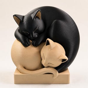 May include: A decorative sculpture featuring two cats curled together in a sleeping position. One cat is solid black, while the other is a light beige colour. The cats are resting on a rectangular base that matches the beige colour of the lower cat.