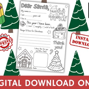 Carta a Santa, Carta a Santa Página para colorear, Querido Santa imprimible, Lista de deseos de Navidad, Página para colorear de Navidad, Carta de Navidad para niños