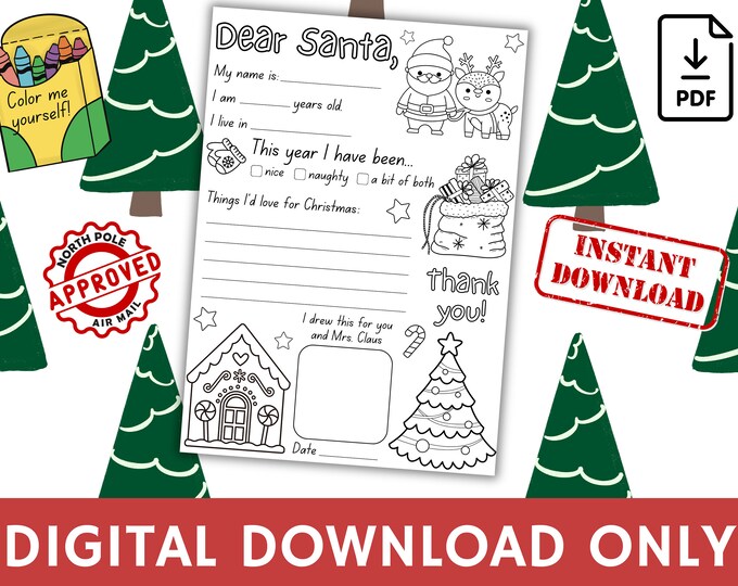 Letter to Santa Coloring Page Printable Christmas Wish List, Dear Santa ...