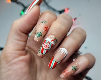 Cup of Cheer, Christmas Nails, Snowflake Nails, Candy Cane Nails, Press On Nails, Fake Nails, Holiday Nails, Manicure, Christmas Nail Art