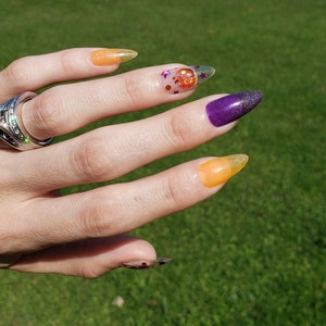 Holo Halloween, Holographic nails, Halloween Press On nails, orange and purple nails, spider nails, pumpkin nails image 2