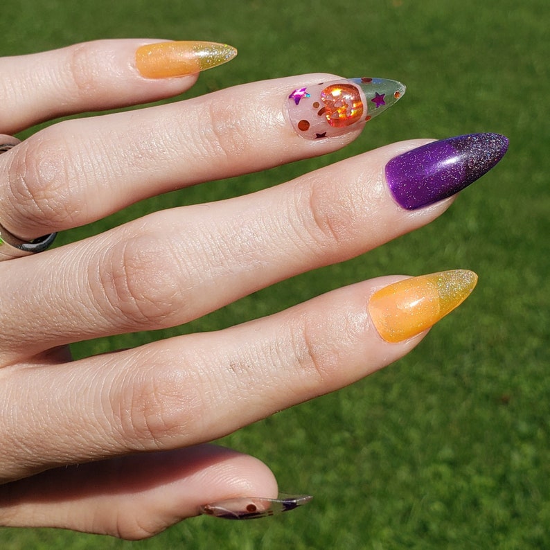 Holo Halloween, Holographic nails, Halloween Press On nails, orange and purple nails, spider nails, pumpkin nails image 3