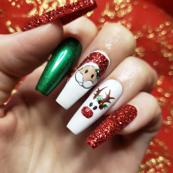 Santa's on His Way, Christmas Press on Nails, Santa Nails, Reindeer Nails,  Winter Nails, Holiday Nails, Christmas Nail Art, Hand Painted - Etsy