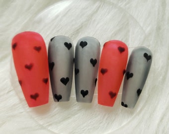 Hearts of Velvet, valentine's Day press on nails, black and red hearts, velvet nails