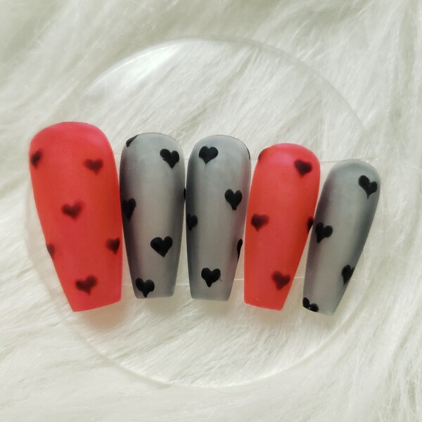 Hearts of Velvet, valentine's Day press on nails, black and red hearts, velvet nails