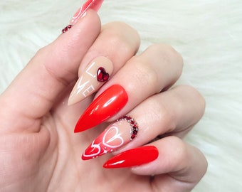 Love, Press On Nails, Valentine's Day Nails, Red Nails, Heart Nail Art, Ombre Nails, Fake Nails, Rhinestones, Nail Art, Bling Nails