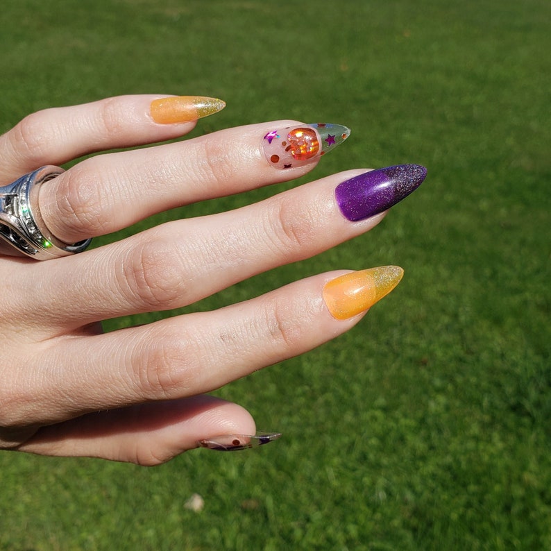 Holo Halloween, Holographic nails, Halloween Press On nails, orange and purple nails, spider nails, pumpkin nails image 2