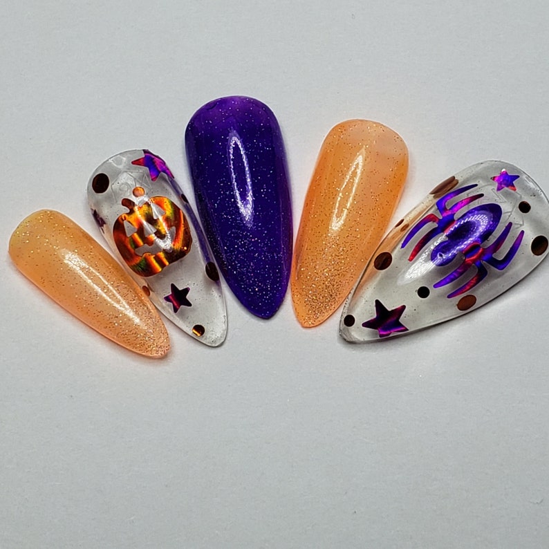 Holo Halloween, Holographic nails, Halloween Press On nails, orange and purple nails, spider nails, pumpkin nails image 4