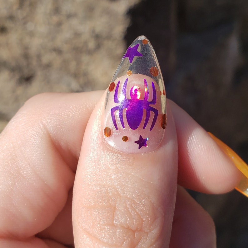 Holo Halloween, Holographic nails, Halloween Press On nails, orange and purple nails, spider nails, pumpkin nails image 5