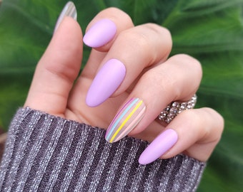 Pastel Pretties, Pastel Press On Nails, Matte Nails, Lavender Nails, Pastel Striped Nails, Clear Accent Nail, Striped nails