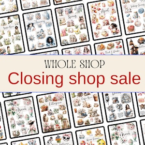 Puede incluir: Una colección de hojas de pegatinas digitales con ilustraciones en acuarela de diversos temas, incluyendo motivos estacionales, comida, bebidas y personajes, con el texto WHOLE SHOP Closing shop sale mostrado en el centro.