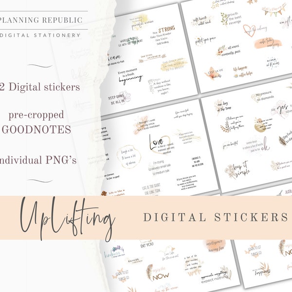 Uplifting Digital Sticker Quotes | Motivational Quotes with Clipart Stickers, Goodnotes Stickers | Blissful Stickers