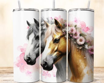 Horse 20oz Tumbler Wrap, Floral Watercolor Horses (PNG Digital Download)