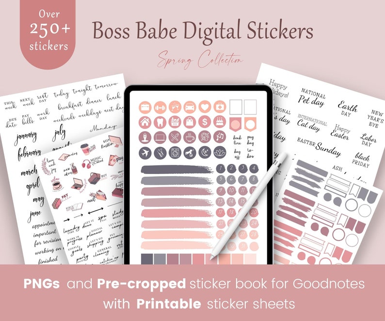 DIGITAL STICKERS | Boss Babe Stickers | Pre-Cropped Goodnotes Stickers & Individual PNG Stickers | Digital Planner Stickers 