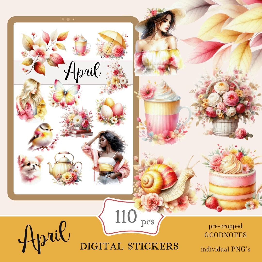 April Digital Stickers | Spring Floral Planner, Goodnotes (PNG, PDF) - Etsy