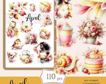 April Digital Stickers | Spring Floral Planner, Goodnotes (PNG, PDF)