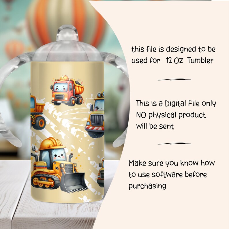 Bouwvrachtwagen 12 oz sippy beker beker wrap, 12 oz kinderen flip-top rechte beker sublimatie png, kinder vrachtwagens auto beker wrap afbeelding 4