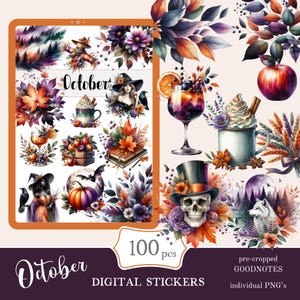 May include: A set of 100 digital stickers featuring autumn and Halloween themes. The stickers include images of pumpkins, witches, skulls, fall leaves, and more. The stickers are pre-cropped for use in Goodnotes.