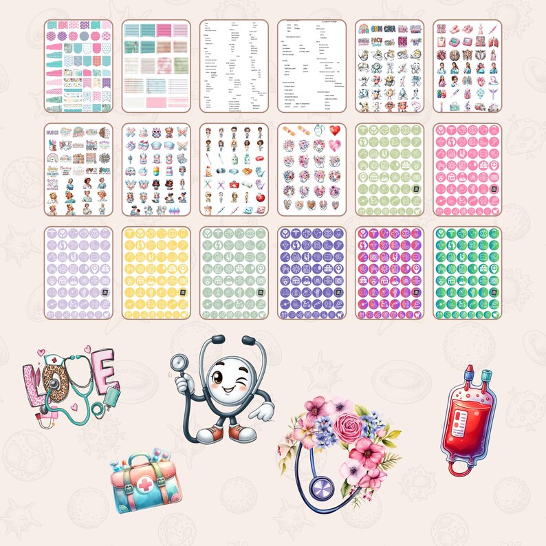 May include: A set of colorful medical themed stickers featuring various medical symbols, tools, and illustrations. The stickers are organized into sheets with different themes, including hearts, stethoscopes, bandages, and pills. There are also some cartoon characters, such as a cute stethoscope with legs and arms.