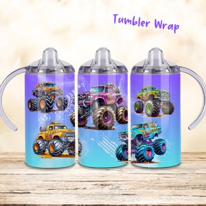 May include: Three different designs for a tumbler wrap featuring monster trucks. The designs feature a blue, green, and yellow monster truck on a blue background with purple accents. The text "Tumbler Wrap" is visible at the top of the image.