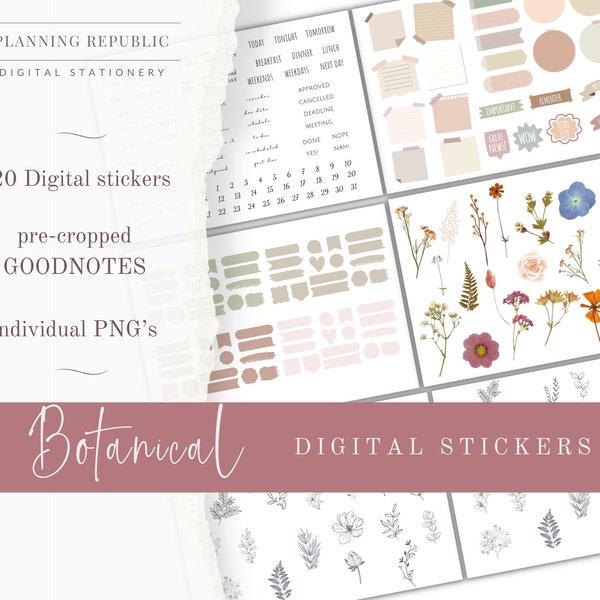 Stickers botaniques indispensables|Autocollants de tous les jours pour Goodnotes|Autocollants numériques, PNG, Goodnotes pré-recadrés, Stickers numériques de travail, de jour