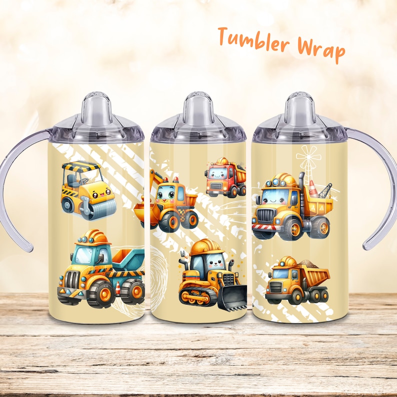 Bouwvrachtwagen 12 oz sippy beker beker wrap, 12 oz kinderen flip-top rechte beker sublimatie png, kinder vrachtwagens auto beker wrap afbeelding 1