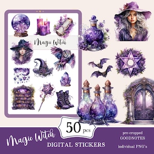 Magic Witch Goodnotes Stickers | cute digital sticker pack | Witch everyday stickers download PNG | functional stickers | Notability