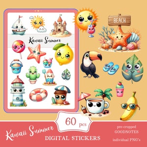 Adesivi Kawaii Goodnotes estivi, pacchetto di simpatici adesivi digitali, download di adesivi Kawaii per tutti i giorni, PNG, adesivi funzionali, Notability