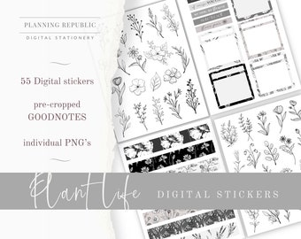 Monochrome Plant Life Digital Stickers | Goodnotes Stickers | Digital Planner Stickers | Botanical Stickers Monochrome