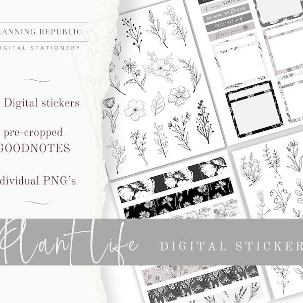 Monochrome Plant Life Digital Stickers | Goodnotes Stickers | Digital Planner Stickers | Botanical Stickers Monochrome