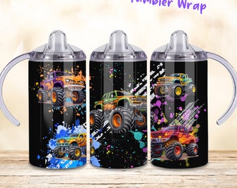 Monster Truck 12oz sippy beker beker wrap, 12oz kinderen flip top rechte beker sublimatie png, kinder vrachtwagens auto beker wrap ontwerp
