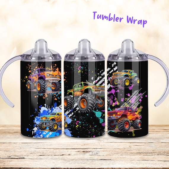 Monster Truck 12oz  Sippy Cup Tumbler Wrap, 12oz Kids Flip Top Straight Tumbler Sublimation PNG, Children Trucks  Car Tumbler Wrap Design