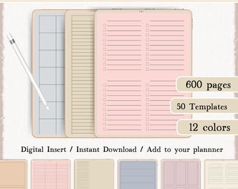 Digital Notebook Templates: 50 Note Papers, 12 Colors (PDF)