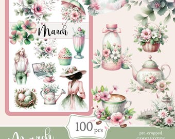 March Floral Goodnotes Stickers | Spring Digital Planner (PNG, PDF)