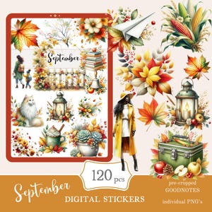 Goodnotes-stickers maand september | schattig digitaal stickerpakket | Dagelijkse herfststickers downloaden png | functionele stickers | Opmerkelijk: