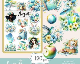 August Goodnotes Stickers: Summer Planner Digital Stickers (PNG, PDF)