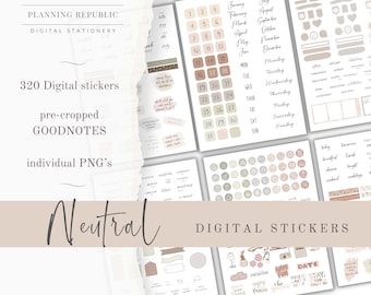 Puede incluir: Un conjunto de pegatinas digitales con 320 pegatinas Goodnotes precortadas en colores neutros. Las pegatinas incluyen un calendario, días de la semana, meses del año y varios otros diseños.