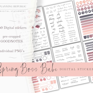 May include: A set of 250 digital stickers for Goodnotes, featuring a variety of designs in pink, grey, and white. The stickers include calendar elements, motivational quotes, and decorative shapes. The text "Spring Boss Babe DIGITAL STICKERS" is displayed at the bottom of the image.