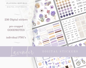 Pegatinas digitales florales de lavanda / GoodNotes Planner, PNG (Descarga digital)