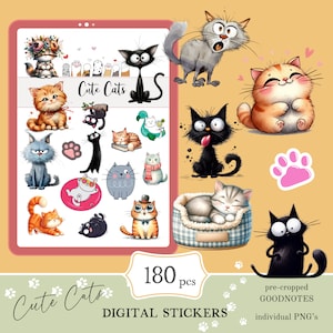 Stickers Goodnotes CHATS mignons | Adorable lot d'autocollants numériques | d'autocollants de tous les jours télécharger PNG | stickers fonctionnels | Notabilité