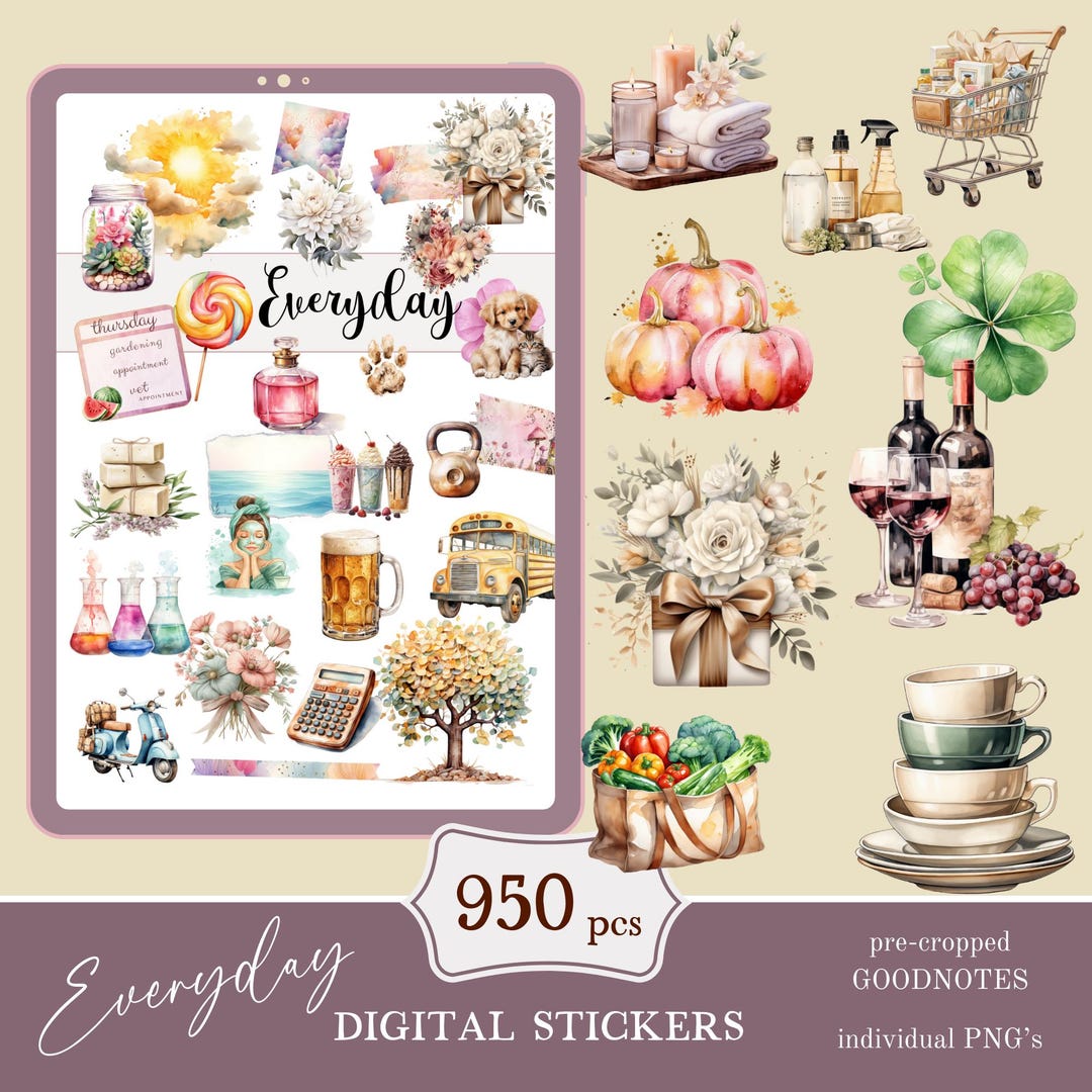 Cute Everyday Stickers | Digital Planner, Goodnotes (950+ PNG) - Etsy