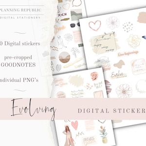 May include: A set of 70 digital stickers for Goodnotes featuring illustrations of flowers, butterflies, hearts, and inspirational quotes in a neutral color palette of beige, brown, and pink. The text "Evolving" is featured in a large font at the bottom of the image.