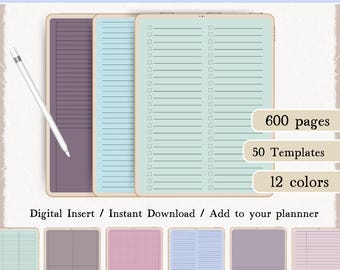 Digital Notebook Templates, 50 Note Papers, 12 Colors (PDF)