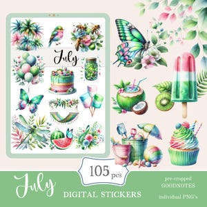 Stickers Goodnotes du mois de juillet | Adorable lot d'autocollants numériques | Autocollants d'été pour tous les jours à télécharger PNG | stickers fonctionnels | Notabilité