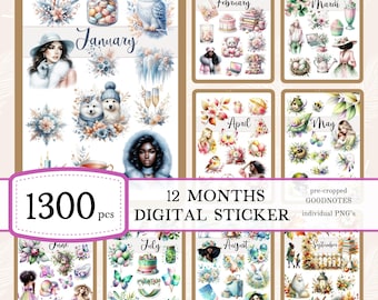 Months Digital Stickers | Goodnotes Planner, Cute Illustrations (PNG, PDF)
