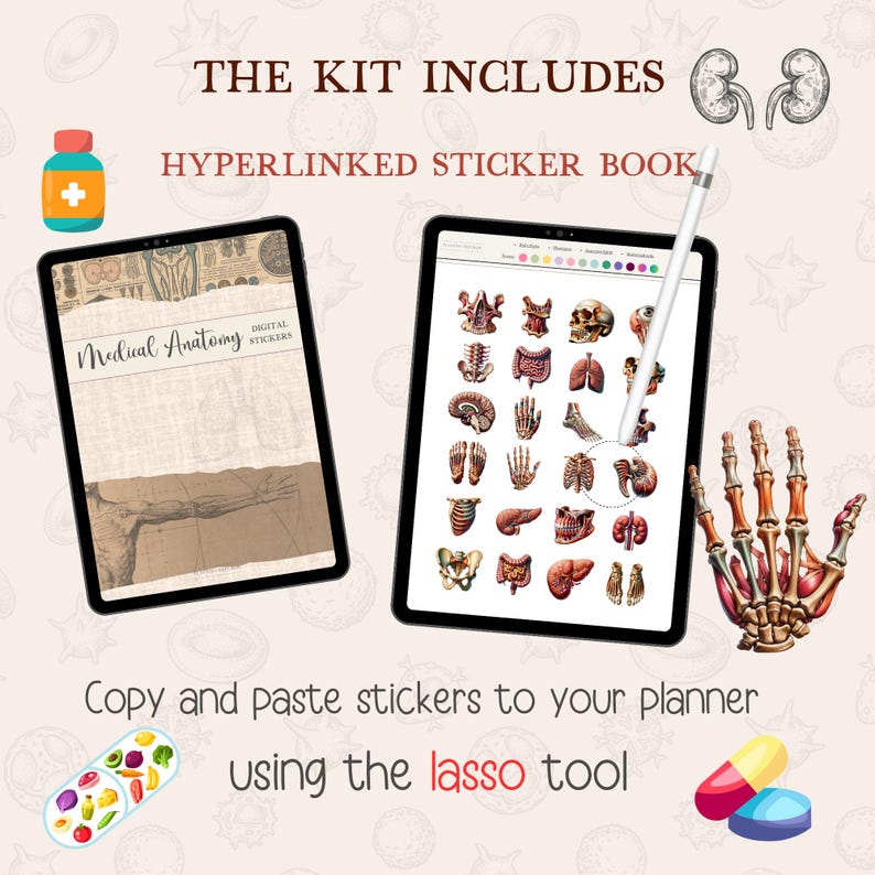 May include: A digital sticker book with medical anatomy illustrations. The book is open to a page with a variety of stickers, including a skull, lungs, heart, and hands. The text "Medical Anatomy" and "Digital Stickers" is visible on the book. The text "THE KIT INCLUDES HYPERLINKED STICKER BOOK" is visible at the top of the image. The text "Copy and paste stickers to your planner using the lasso tool" is visible at the bottom of the image.