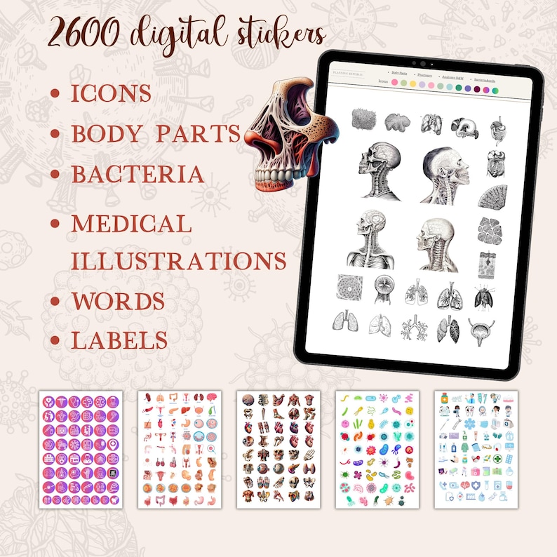 May include: A digital download of 2600 medical stickers. The stickers include icons, body parts, bacteria, medical illustrations, words, and labels. The stickers are in a variety of colors and styles.