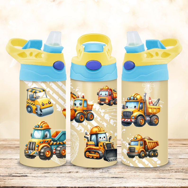 Bouwvrachtwagen 12 oz sippy beker beker wrap, 12 oz kinderen flip-top rechte beker sublimatie png, kinder vrachtwagens auto beker wrap afbeelding 2